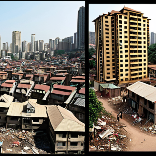 **Image Prompt for Income Inequality**: 
   "Create a contrasting cityscape image showing two sides of urban life: one side depicting a luxurious residential area with modern skyscrapers and affluent people, and the other side showing a poverty-stricken slum with dilapidated houses and struggling families. Highlight the stark differences in living conditions to illustrate economic inequality."