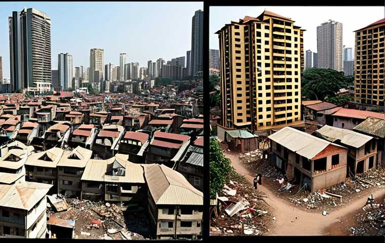 **Image Prompt for Income Inequality**: 
   "Create a contrasting cityscape image showing two sides of urban life: one side depicting a luxurious residential area with modern skyscrapers and affluent people, and the other side showing a poverty-stricken slum with dilapidated houses and struggling families. Highlight the stark differences in living conditions to illustrate economic inequality."